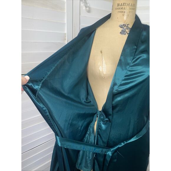 Vintage Dentelle Green Satin Full Length Robe Tie Waist Silky Bath Medium - Picture 8 of 9